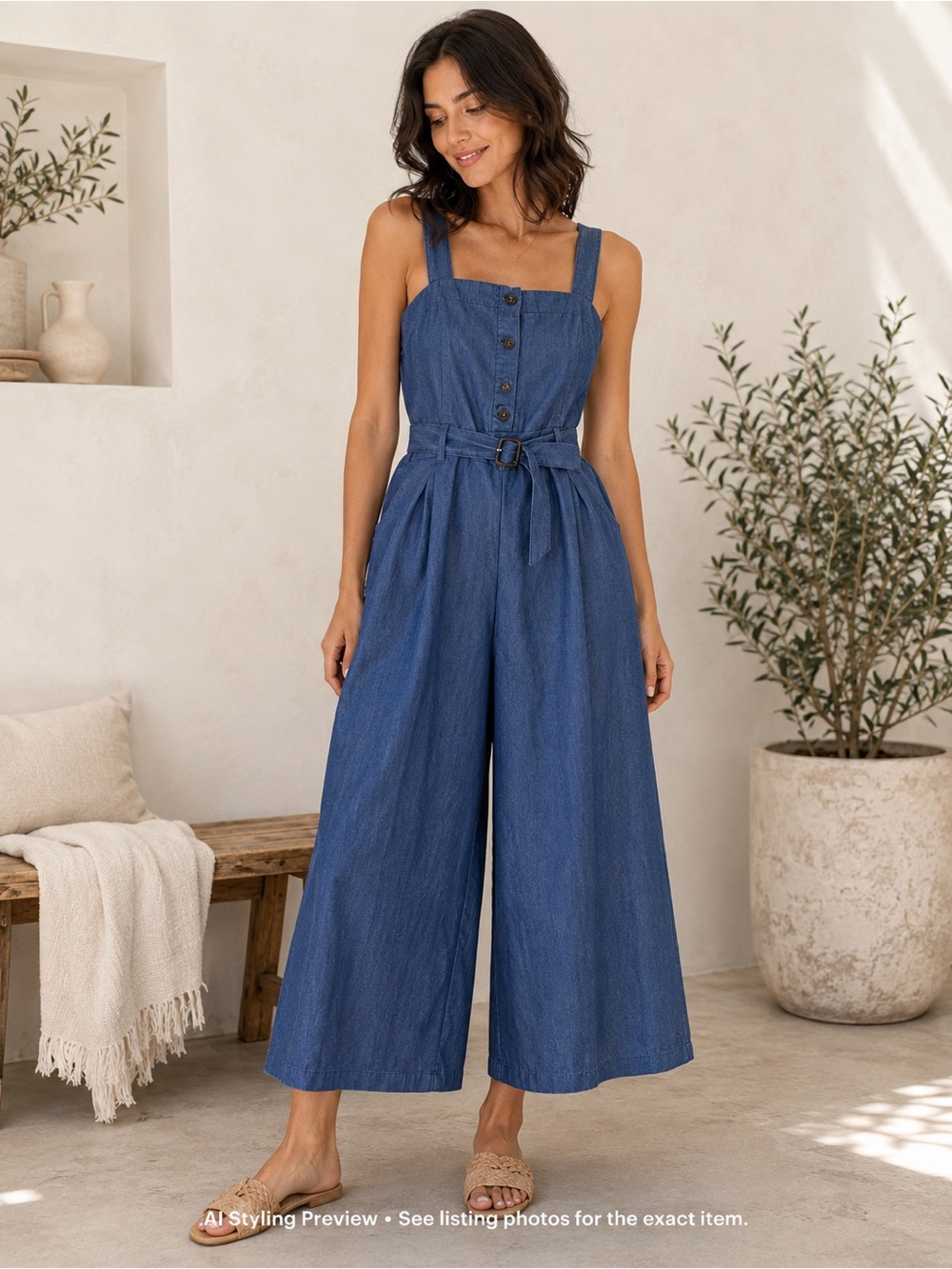 Pumpkin Japanese Blue Chambray Wide Leg Jumpsuit US S-M Belted Utility